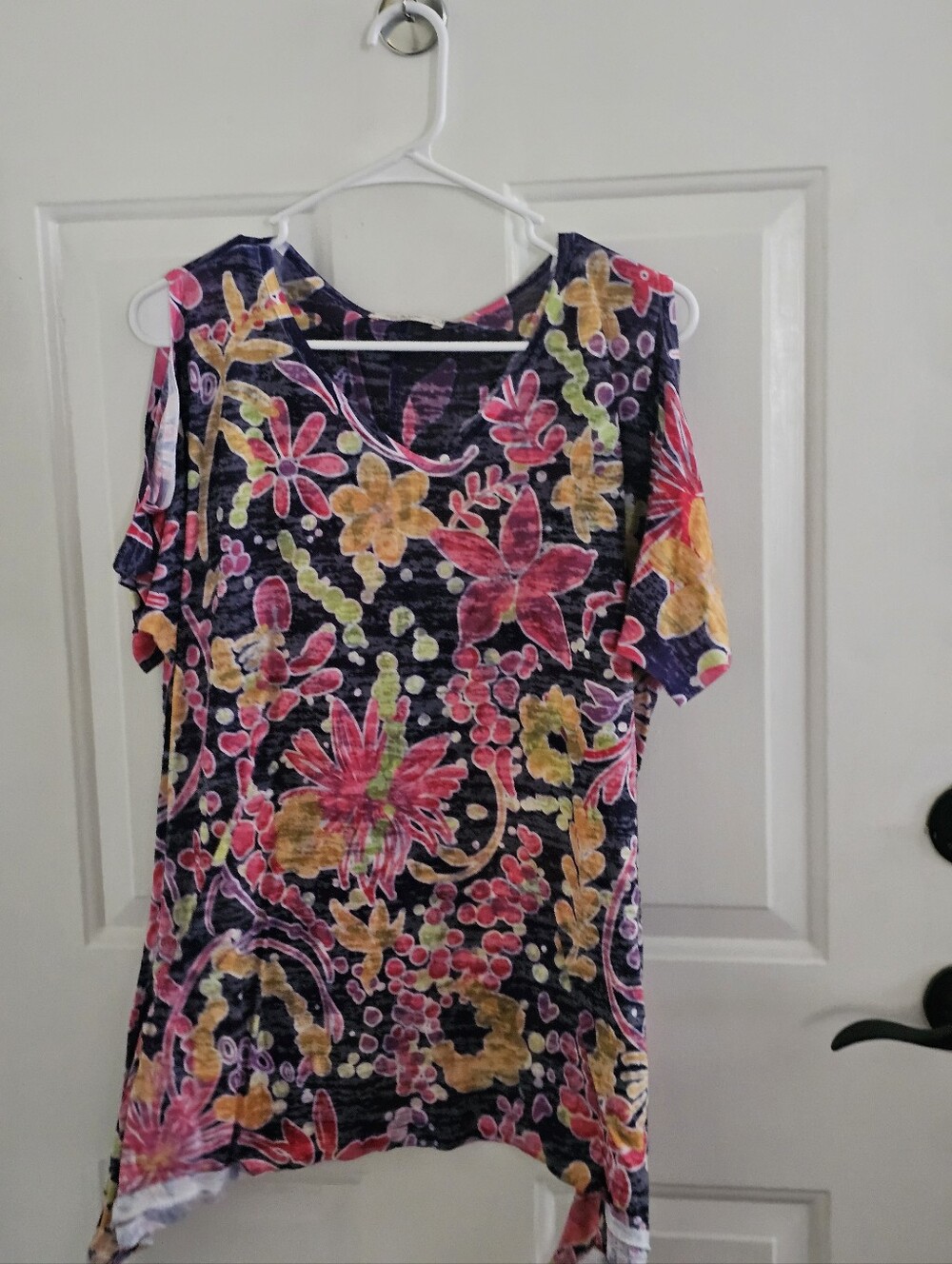 Floral Cold-Shoulder Tunic Top in Navy with Pink & Yellow Flowers Shark Bite Hem